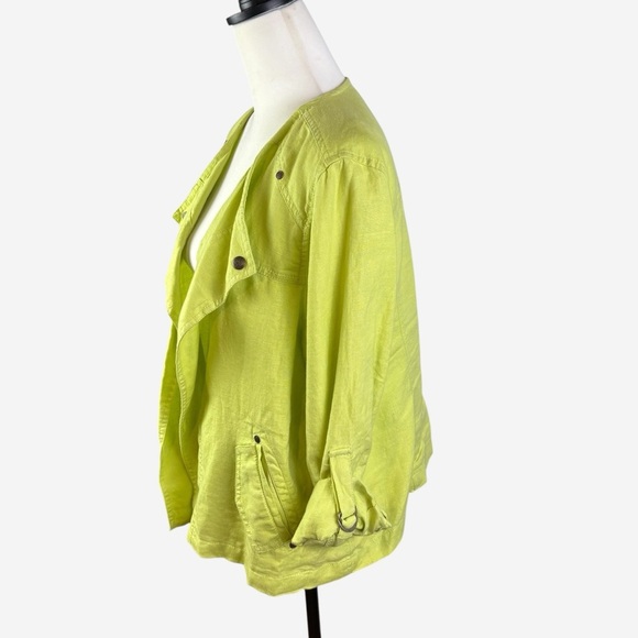 Chicos Easy Linen Jacket Chartreuse Green Open Drape Front Roll Tab Sleeve - Picture 2 of 12